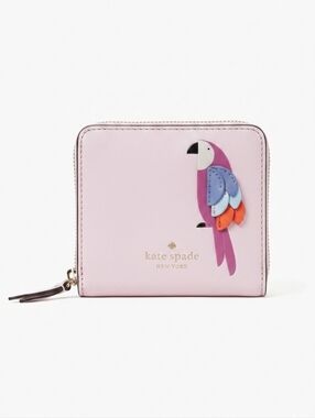 kate spade Flock Party pink leather Bifold wallet with colorful parrot appliqué